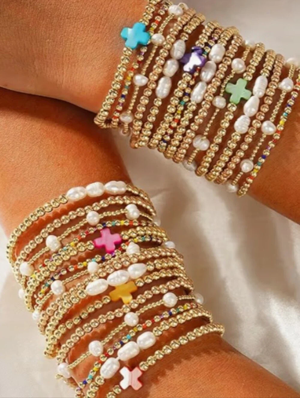NWT 14K Gold Plated Pearl Beaded Cross Bracelet Stack 5 Pc Set Black - Picture 5 of 6